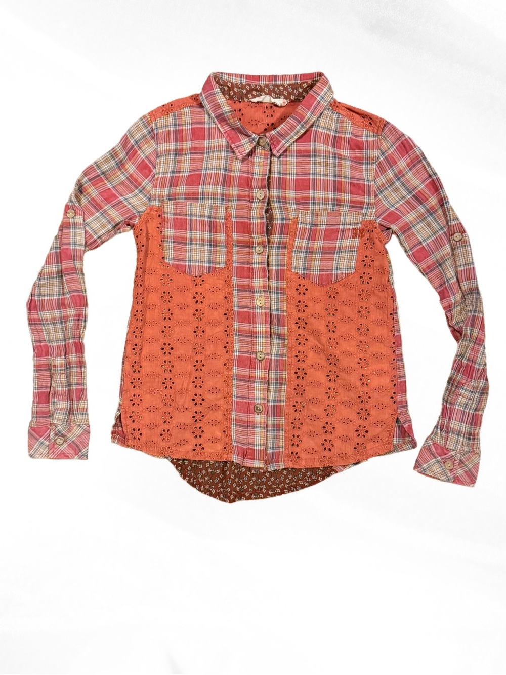 Miss Me Girls Mixed Media Plaid Eyelet Button Down Shirt M Medium Rodeo Boho